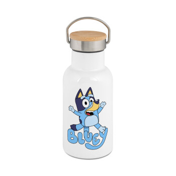 The Bluey, Metallic thermos (Stainless steel) White with wooden lid (bamboo), double-walled, 350ml