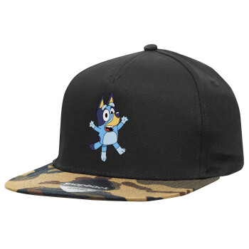 The Bluey, Adult Flat Snapback Hat Black/Camouflage, (100% COTTON TWILL, ADULT, UNISEX, ONE SIZE)