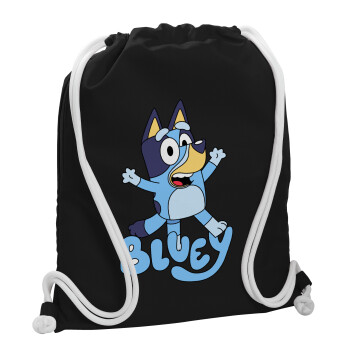 The Bluey, Backpack pouch GYMBAG Black, with pocket (40x48cm) & thick white cords