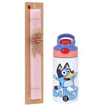 The Bluey, Easter Set, Children's thermal stainless steel water bottle with safety straw, pink/purple (350ml) & Easter scented flat candle (30cm) (PINK)