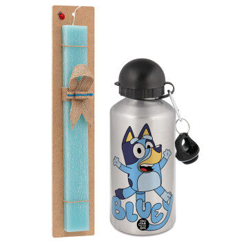 The Bluey, Easter Set, metallic silver aluminum water bottle (500ml) & scented flat Easter candle (30cm) (TURQUOISE)