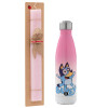 Easter Set, Metallic pink/white (Stainless steel) thermos, double-walled, 500ml & aromatic flat Easter candle (30cm) (PINK)