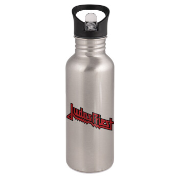 Judas Priest, Water bottle Silver with straw, stainless steel 600ml