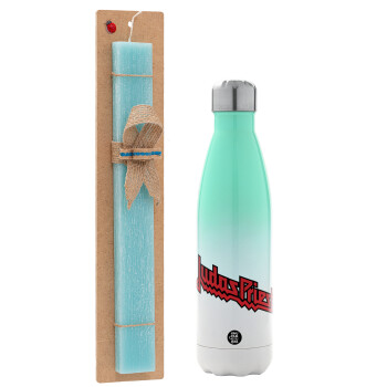 Judas Priest, Easter Set, Metallic green/white thermos (Stainless steel), double-walled, 500ml & scented flat Easter candle (30cm) (TURQUOISE)