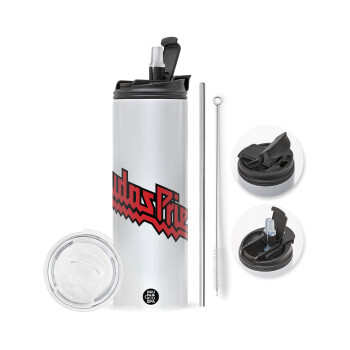 Judas Priest, Travel Tumbler 2 Lids, with metal straw & cleaning brush (Stainless steel 304 Food grade, BPA free, 600ml)