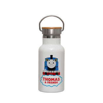 Τόμας το τρενάκι, Metallic thermos (Stainless steel) White with wooden lid (bamboo), double-walled, 350ml