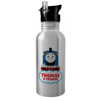 Τόμας το τρενάκι, Water bottle Silver with straw, stainless steel 600ml