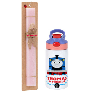 Τόμας το τρενάκι, Easter Set, Children's thermal stainless steel water bottle with safety straw, pink/purple (350ml) & Easter scented flat candle (30cm) (PINK)