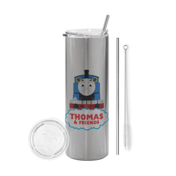 Τόμας το τρενάκι, Eco friendly ποτήρι θερμό Ασημένιο (tumbler) από ανοξείδωτο ατσάλι 600ml, με μεταλλικό καλαμάκι & βούρτσα καθαρισμού