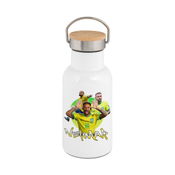 Neymar JR, Metallic thermos (Stainless steel) White with wooden lid (bamboo), double-walled, 350ml