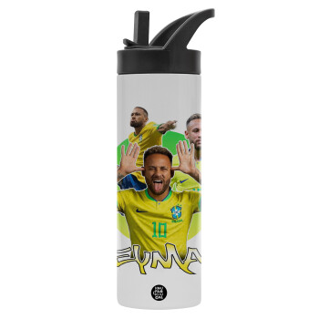 Neymar JR, Metallic thermos bottle with straw & handle, stainless steel (Stainless steel 304), double-walled, 600ml.