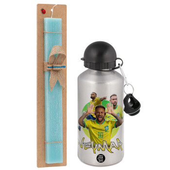 Neymar JR, Easter Set, metallic silver aluminum water bottle (500ml) & scented flat Easter candle (30cm) (TURQUOISE)