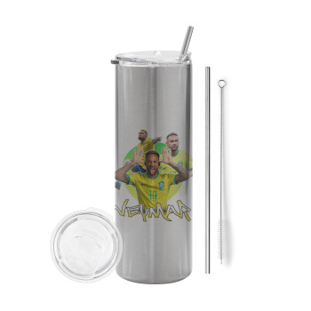 Neymar JR, Eco friendly stainless steel Silver tumbler 600ml, with metal straw & cleaning brush
