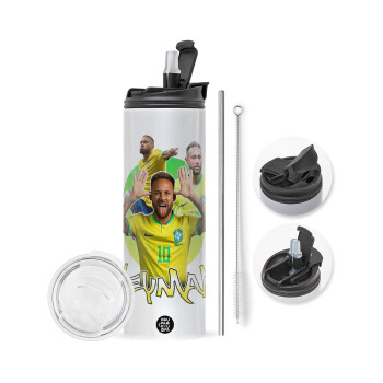 Neymar JR, Travel Tumbler θερμό με διπλό καπάκι, μεταλλικό καλαμάκι και βούρτσα καθαρισμού (Ανωξείδωτο 304 Food grade, BPA free, 600ml)