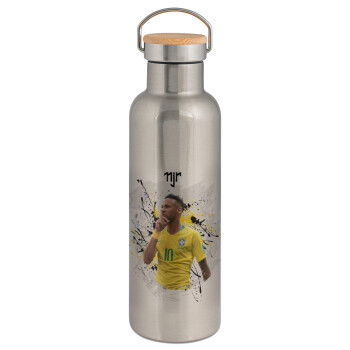 Neymar JR, Μεταλλικό παγούρι θερμός (Stainless steel) Ασημένιο με ξύλινο καπακι (bamboo), διπλού τοιχώματος, 750ml