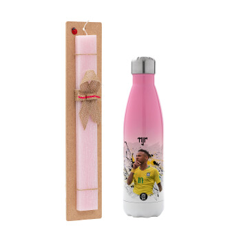 Neymar JR, Easter Set, Metallic pink/white (Stainless steel) thermos, double-walled, 500ml & aromatic flat Easter candle (30cm) (PINK)