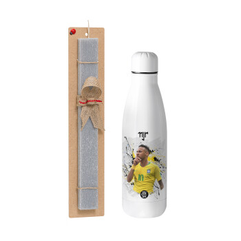 Neymar JR, Easter Set, metallic stainless thermos bottle (500ml) & scented flat Easter candle (30cm) (GRAY)