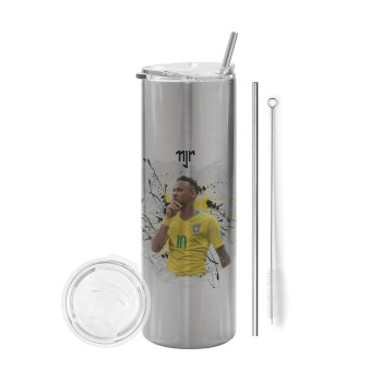 Neymar JR, Eco friendly ποτήρι θερμό Ασημένιο (tumbler) από ανοξείδωτο ατσάλι 600ml, με μεταλλικό καλαμάκι & βούρτσα καθαρισμού