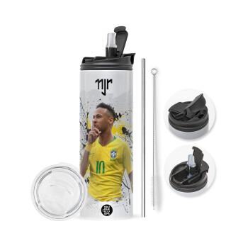 Neymar JR, Travel Tumbler θερμό με διπλό καπάκι, μεταλλικό καλαμάκι και βούρτσα καθαρισμού (Ανωξείδωτο 304 Food grade, BPA free, 600ml)