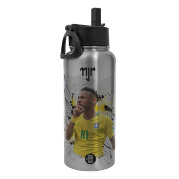 Neymar JR, Metal mug thermo Silver with Straw and Spout Lid (Stainless steel), double wall, 950ml