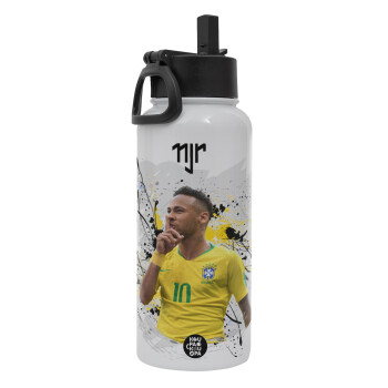 Neymar JR, Metal mug thermo White with Straw and Spout Lid (Stainless steel), double wall, 950ml