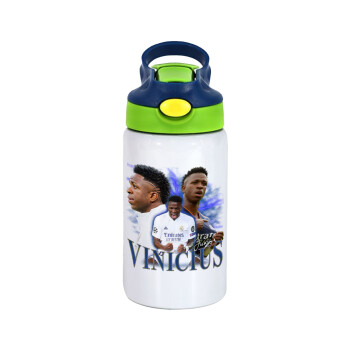 Vinicius Junior, Children's hot water bottle, stainless steel, with safety straw, green, blue (350ml)