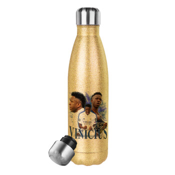 Vinicius Junior, Glitter gold stainless steel thermos bottle, double-walled, 500ml