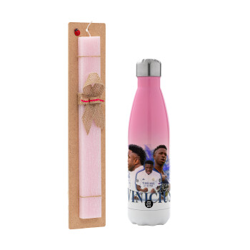 Vinicius Junior, Easter Set, Metallic pink/white (Stainless steel) thermos, double-walled, 500ml & aromatic flat Easter candle (30cm) (PINK)