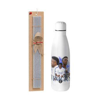 Vinicius Junior, Easter Set, metallic stainless thermos bottle (500ml) & scented flat Easter candle (30cm) (GRAY)