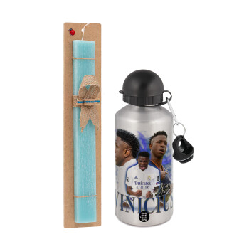 Vinicius Junior, Easter Set, metallic silver aluminum water bottle (500ml) & scented flat Easter candle (30cm) (TURQUOISE)