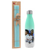 Easter Set, Metallic green/white thermos (Stainless steel), double-walled, 500ml & scented flat Easter candle (30cm) (TURQUOISE)