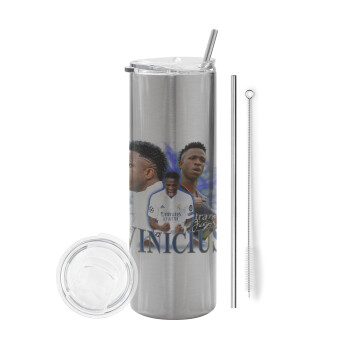 Vinicius Junior, Tumbler stainless steel Silver 600ml, with metal straw & cleaning brush