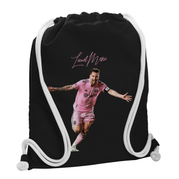 Lionel Messi inter miami jersey, Backpack pouch GYMBAG Black, with pocket (40x48cm) & thick white cords