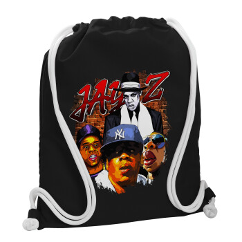 JAY-Z, Backpack pouch GYMBAG Black, with pocket (40x48cm) & thick white cords