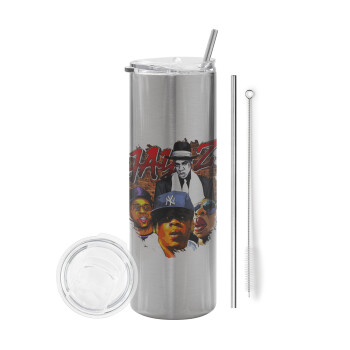 JAY-Z, Eco friendly ποτήρι θερμό Ασημένιο (tumbler) από ανοξείδωτο ατσάλι 600ml, με μεταλλικό καλαμάκι & βούρτσα καθαρισμού