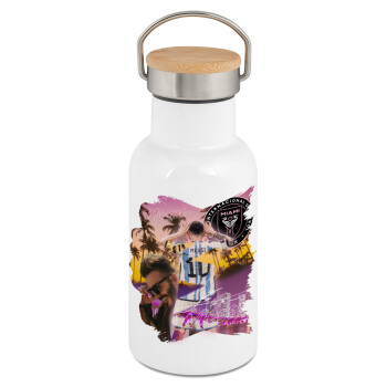 Lionel Messi Miami, Metallic thermos (Stainless steel) White with wooden lid (bamboo), double-walled, 350ml