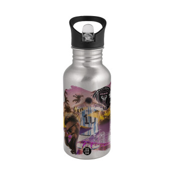Lionel Messi Miami, Water bottle Silver with straw, stainless steel 500ml