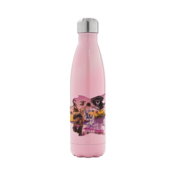 Lionel Messi Miami, Metal mug thermos Pink Iridiscent (Stainless steel), double wall, 500ml