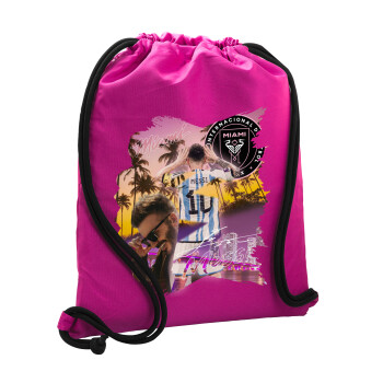 Lionel Messi Miami, Backpack pouch GYMBAG Fuchsia, with pocket (40x48cm) & thick cords