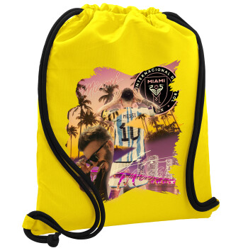 Lionel Messi Miami, Backpack pouch GYMBAG Yellow, with pocket (40x48cm) & thick cords