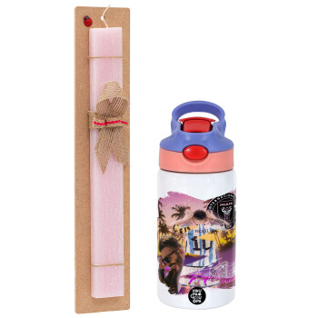 Lionel Messi Miami, Easter Set, Children's thermal stainless steel water bottle with safety straw, pink/purple (350ml) & Easter scented flat candle (30cm) (PINK)