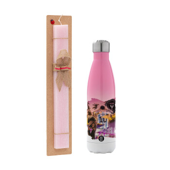 Lionel Messi Miami, Easter Set, Metallic pink/white (Stainless steel) thermos, double-walled, 500ml & aromatic flat Easter candle (30cm) (PINK)