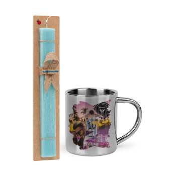 Lionel Messi Miami, Easter Set, metallic thermal cup (300ml) & aromatic flat Easter candle (30cm) (TURQUOISE)