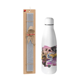 Lionel Messi Miami, Easter Set, metallic stainless thermos bottle (500ml) & scented flat Easter candle (30cm) (GRAY)