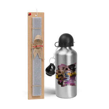 Lionel Messi Miami, Easter Set, metallic silver aluminum water bottle (500ml) & aromatic flat Easter candle (30cm) (GRAY)