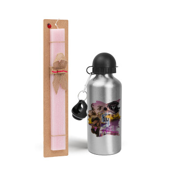 Lionel Messi Miami, Easter Set, metallic Silver aluminum water bottle (500ml) & scented flat Easter candle (30cm) (PINK)