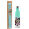 Easter Set, Metallic green/white thermos (Stainless steel), double-walled, 500ml & scented flat Easter candle (30cm) (TURQUOISE)