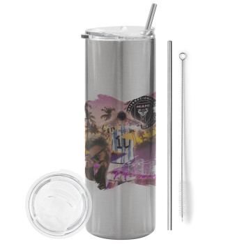 Lionel Messi Miami, Eco friendly stainless steel Silver tumbler 600ml, with metal straw & cleaning brush