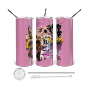 Lionel Messi Miami, Tumbler ποτήρι θερμό από ανοξείδωτο ατσάλι 600ml, με μεταλλικό καλαμάκι & βούρτσα καθαρισμού