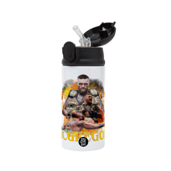 Conor McGregor Notorious, Children's hot water bottle, stainless steel, with safety straw, Black (360ml) BPA-FREE